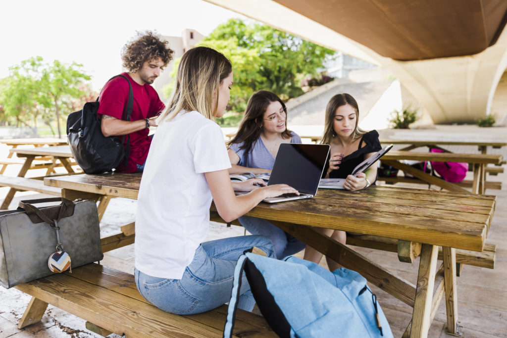 students studying table park